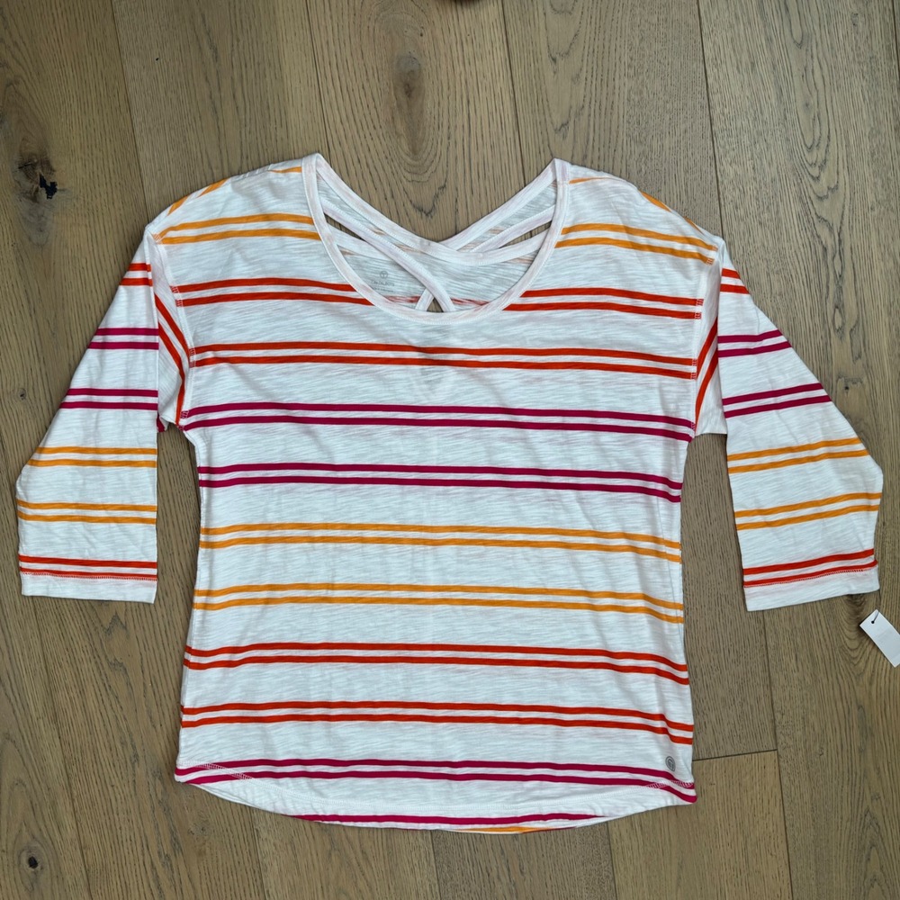 NEW T by Talbots Women's Striped Crew Neck Cross Back 3/4 Sleeve Top Size L NWT